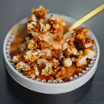 Tarta de queso con caramelo y palomitas caramelizadas sin tapa